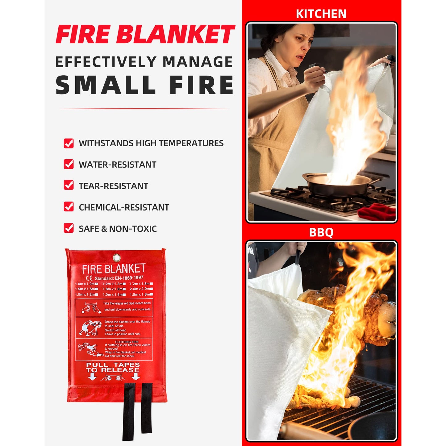 LaSyL Emergency Fire Blanket for Home and Kitchen, 40" x 40"(Pack of 2), Fire Supression Blanket Good for Fireplace, School, Grill, Car, Office