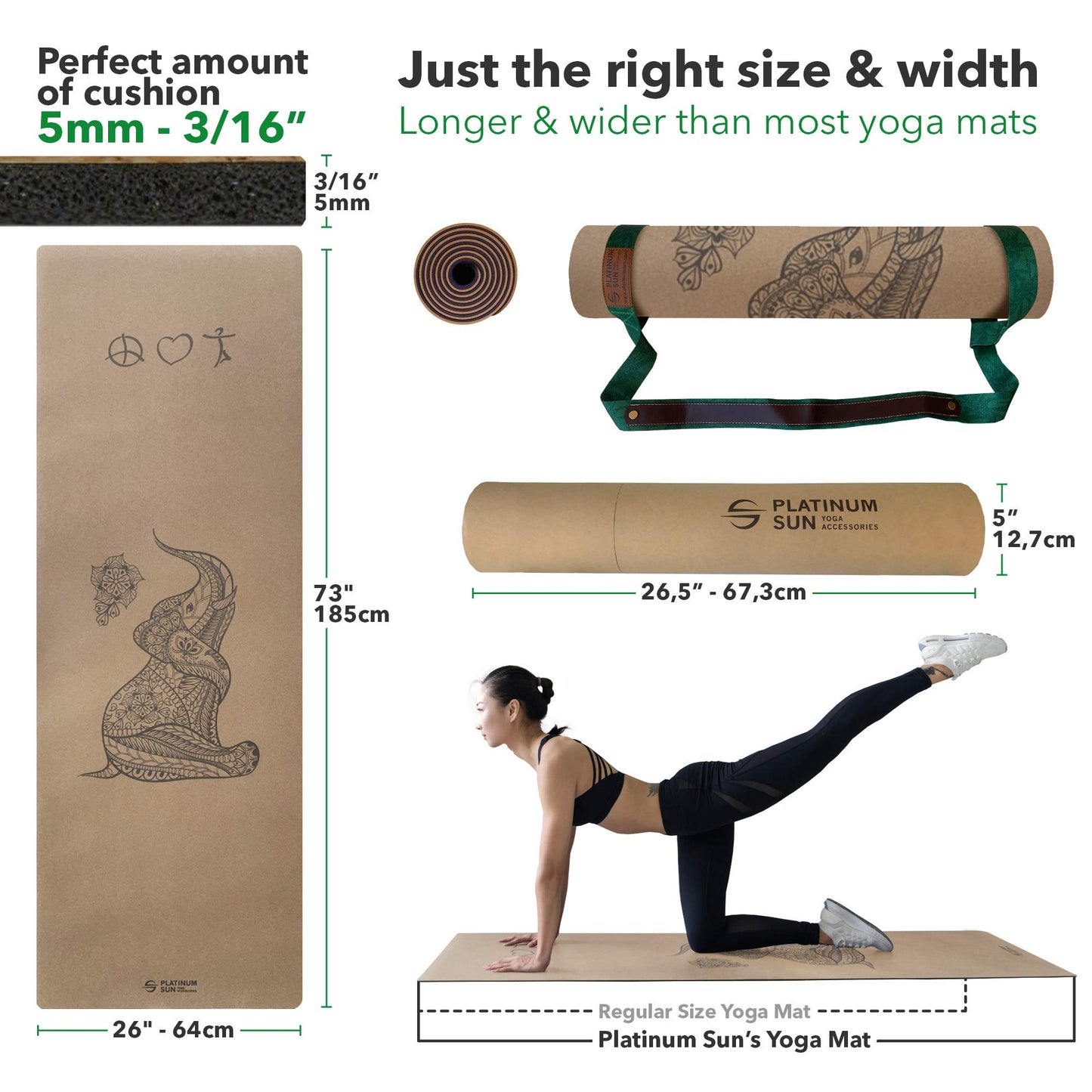 Platinum Sun Extra Large Non-Slip Cork Yoga Mat with Designs, with Carry Strap & Luxury Gift Box - Great for Hot Yoga, exercise, Pilates 73'' Long x 25'' Wide x 5mm thick (Original Elephant)