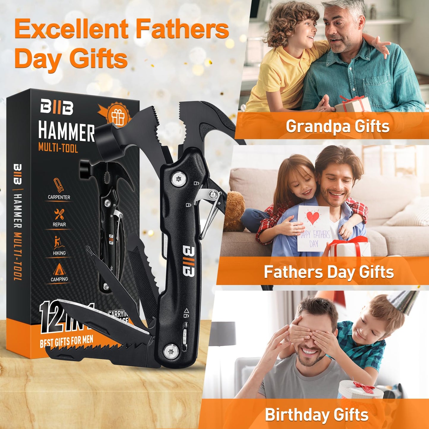 BIIB Father's Day Gifts for Dad, Camping Essentials 12 in 1 Hammer Multitool Dad Gifts for Men, Father's Day Gifts from Daughter Wife, Birthday Gifts for Men, Him, Grandpa, Camping Gear Tools for Men