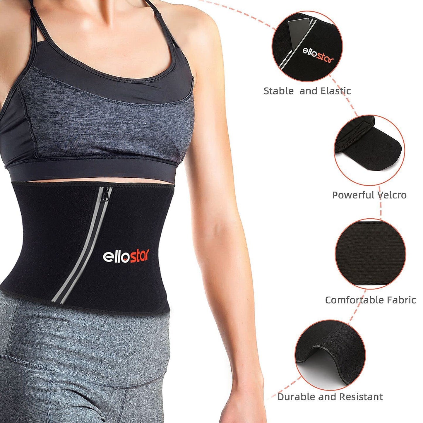 ellostar Waist Trimmer for Women & Men Tummy Control Band Waistline Body Shaper Sauna Sweatband, Sweat Shapewear, Workout Belt (Black with Zipper Pocket)