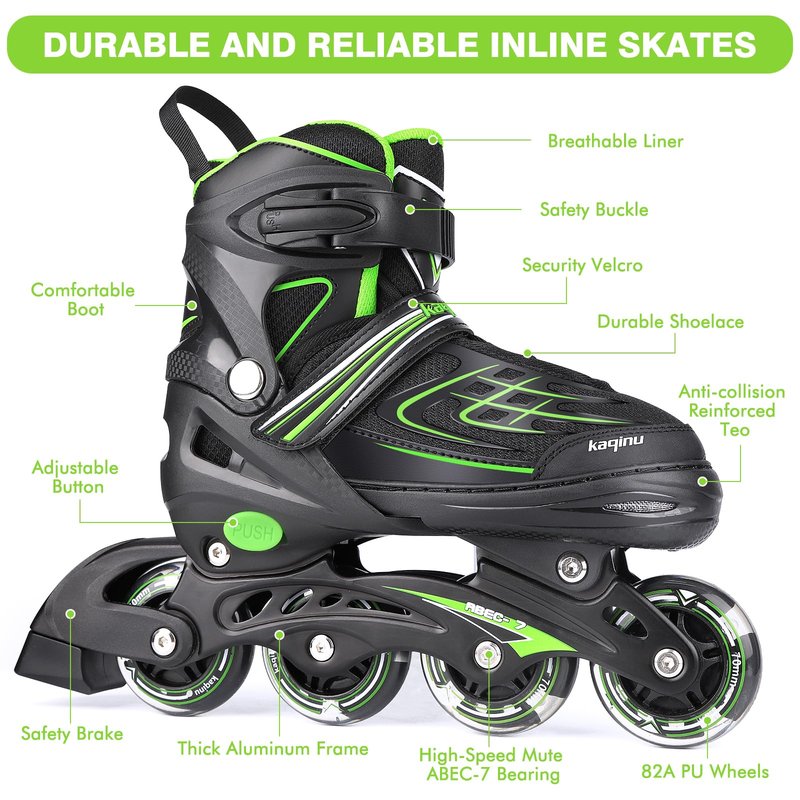 KAQINU Adjustable Inline Skates, Outdoor Inline Skates Roller with Full Illuminating Wheels for Women, Kids, Girls and Boys (Green, S)