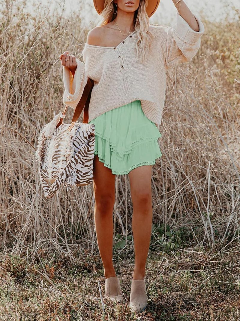 Aoudery Flowy Shorts for Women - Casual Boho Ruffle Tiered Skorts | High Waist Mini Golf & Tennis Shorts
