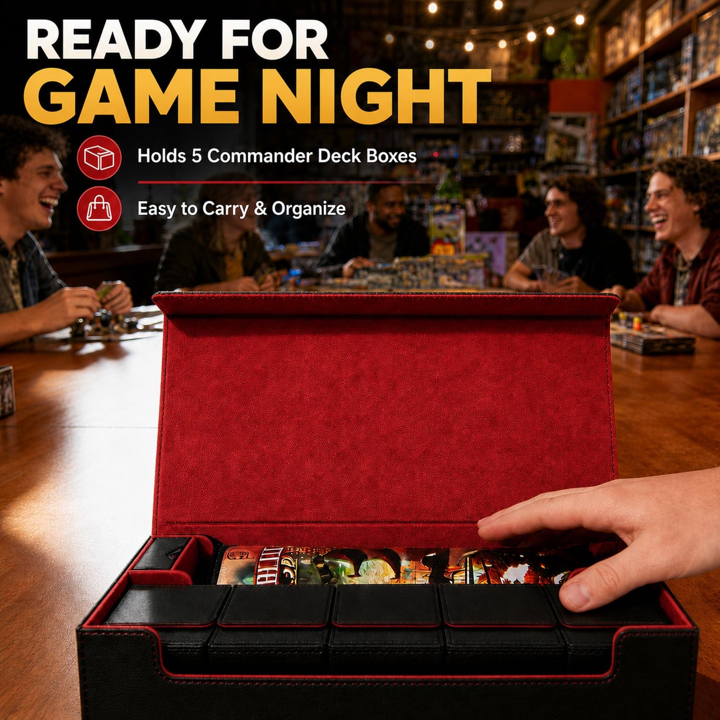 Scimi Premium Trading Card Storage Case with 5 Individual Deck Cases, Large MTG Commander Deck Box Holds 1800+ Cards, PU Leather Organizer for TCG & Sports Card Collections (Black & Red)