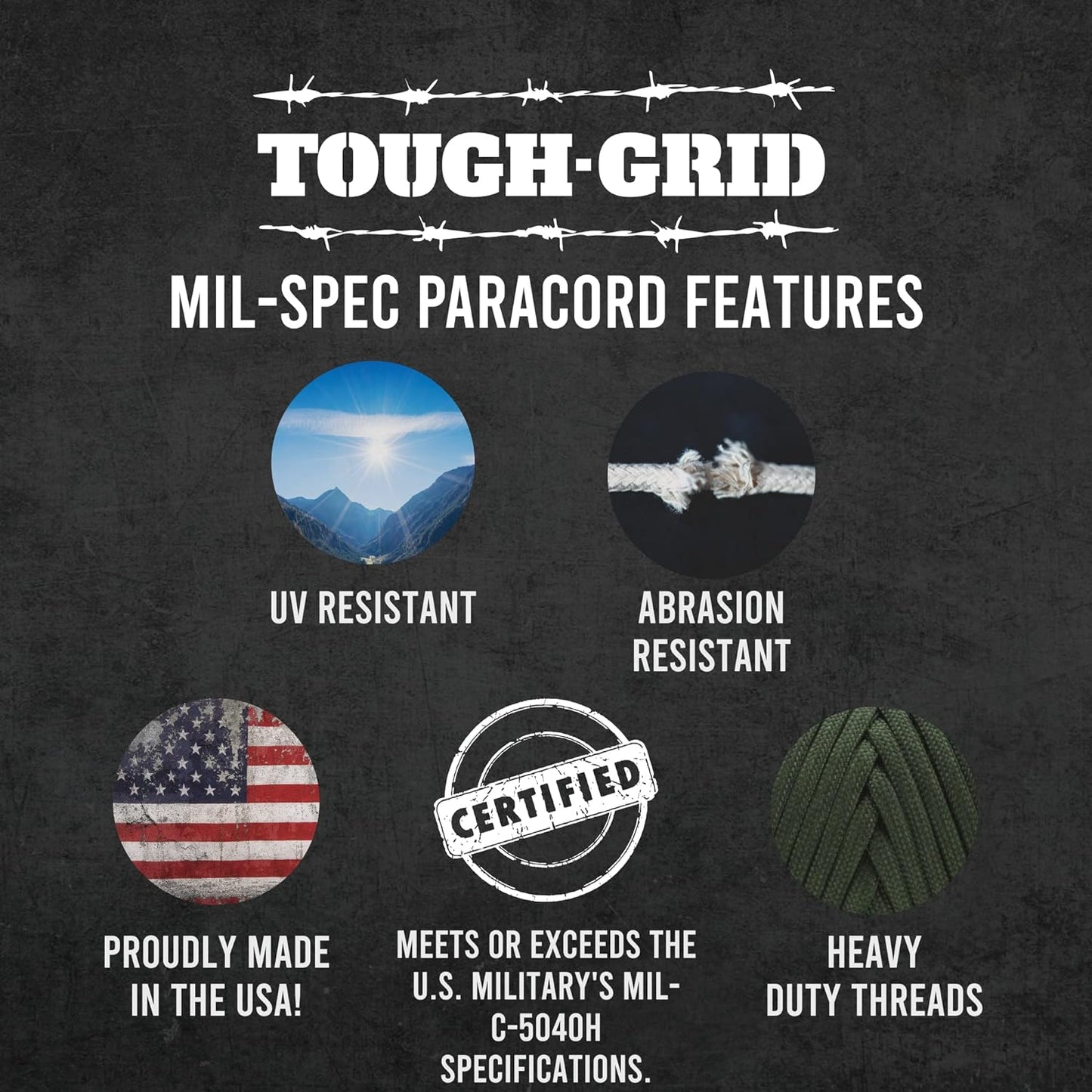 TOUGH-GRID 550 Paracord Rope - Durable Nylon Survival Cord for Camping & Tactical Gear | Made in USA