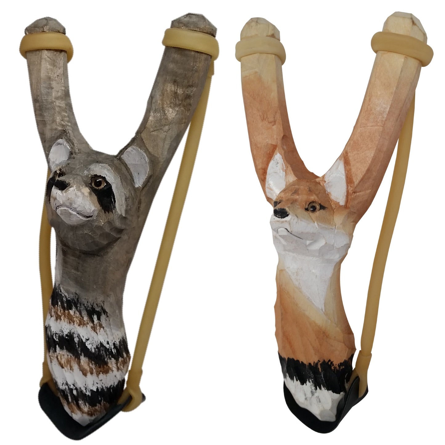 NatureLaunchers | Hand-Carved Wooden Animal Slingshot Set | 2 Pack (Raccoon & Fox)