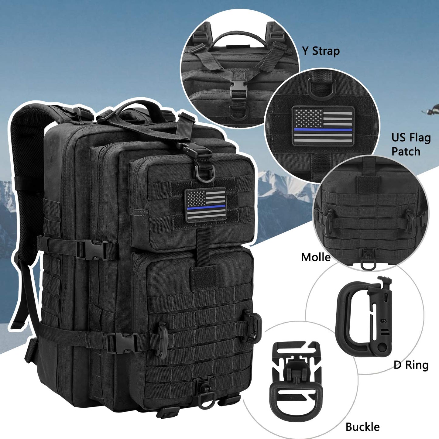 Hannibal Tactical MOLLE Assault Backpack, Tactical Backpack Military Army Camping Rucksack, 3-Day Pack Trip w/USA Flag Patch, D-Rings, Black