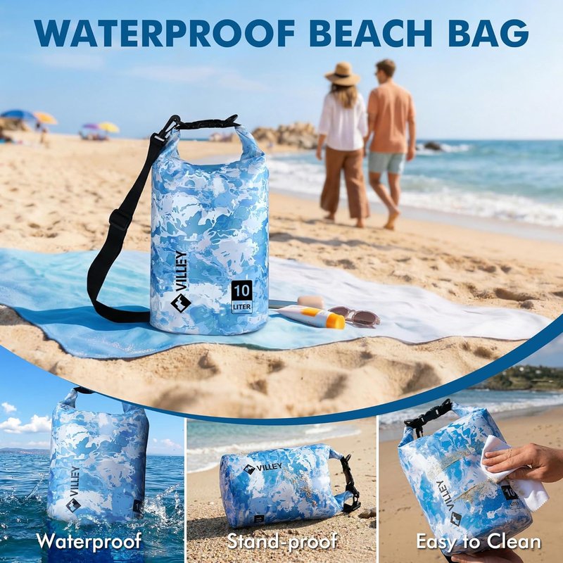 VILLEY Waterproof Dry Bag - 20L Roll Top Backpack for Kayaking, Camping & Beach | Blue Camo
