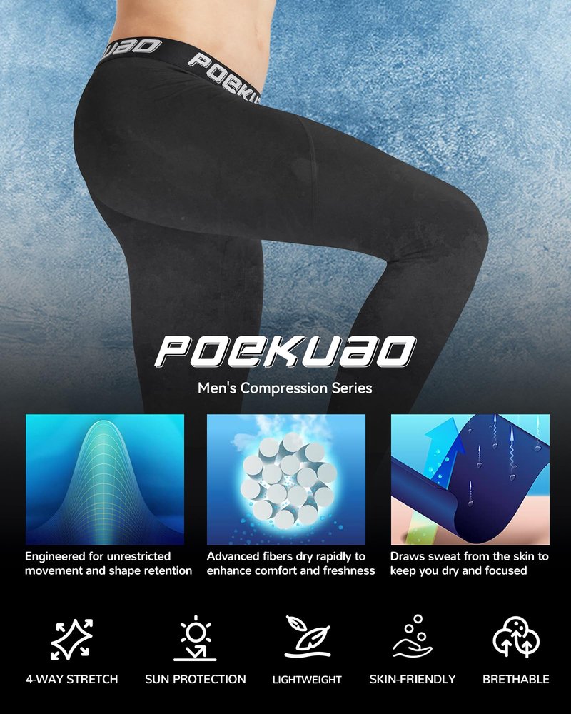Poekuao Compression Pants Men Athletic Workout Leggings Running Tights Gym Sports Base Layer for Football Cycling Black White
