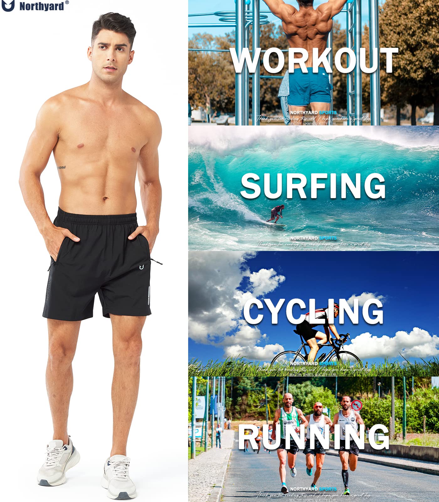 NORTHYARD Men's Athletic Running Shorts Gym Workout 7"/9"/5" Quick Dry Lightweight Sports Basketball Tennis 3 Zipper Pockets Black-5inch 2XL
