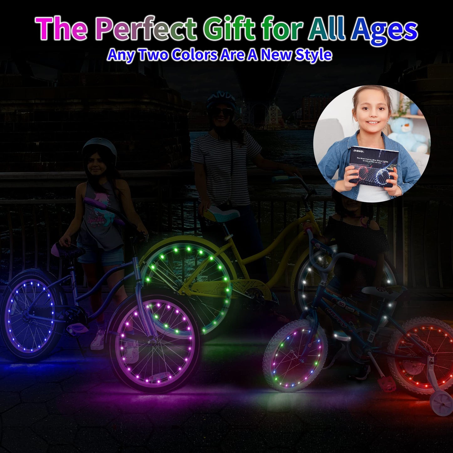 DAWAY A01 LED Bike Wheel Lights (2 Tires, Blue) - Bright Bicycle Spoke Lights, 2 Modes, Waterproof Safety Bike Tire Lights, Fun Night Riding Accessories, with Batteries for Kids & Adults