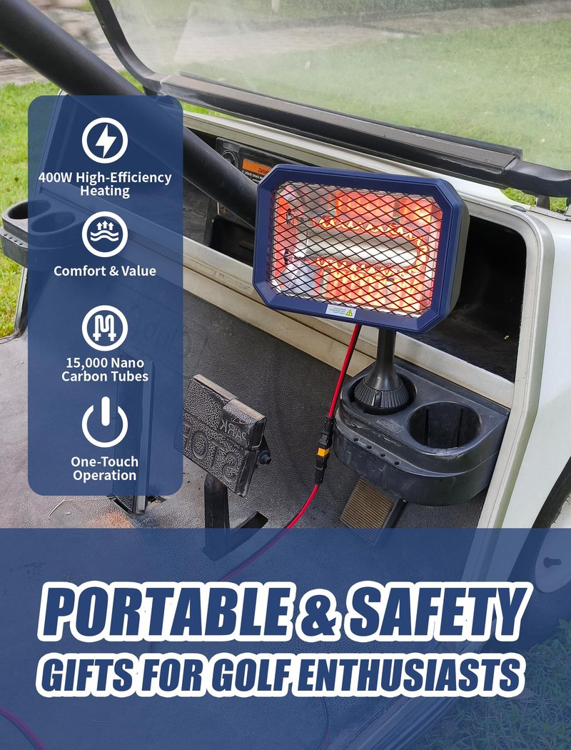48V Electric Golf Cart Heater with Mid-Cable Quick-Disconnect, 400W Safe & Fast Silent Carbon Fiber Heating, 360° Rotatable Head, Compatible with Club Car/Yamaha/EZGO, Golf Cart Accessories, Golf Gift