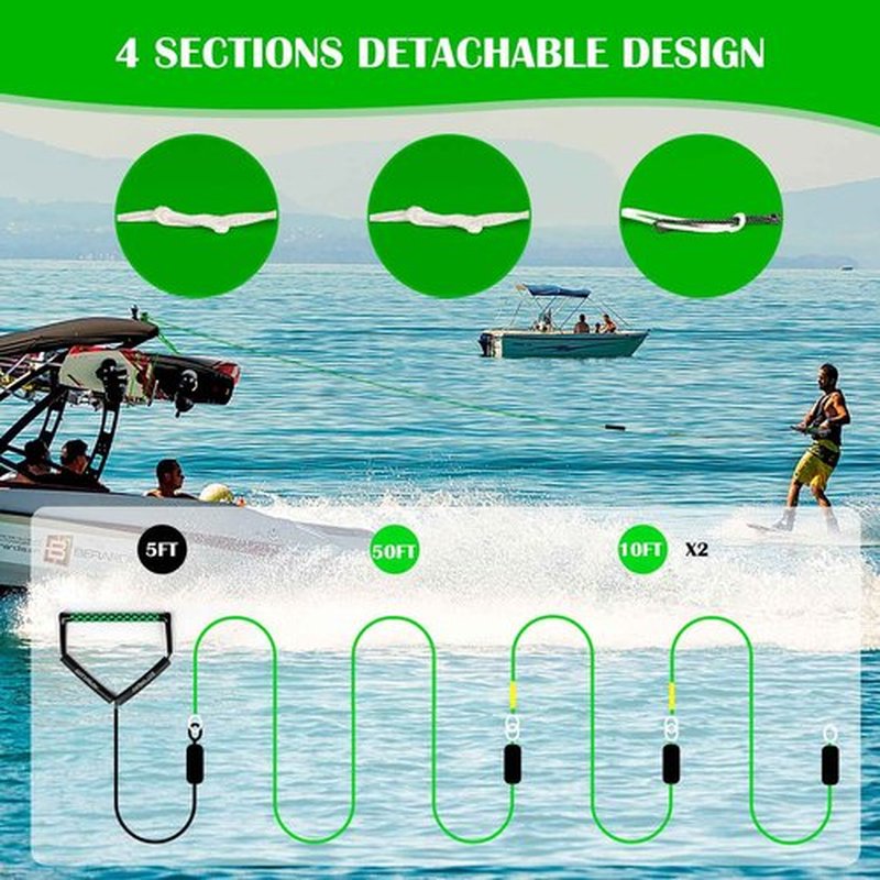 SETYPARY 75FT No Stretch Dyneema Wakeboard Rope and Handle, 4 Sections Floating Wakeboard Tow Rope Water Ski Ropes for Wakeboarding, Waterskiing, Kneeboarding and Wakesurfing (Green)