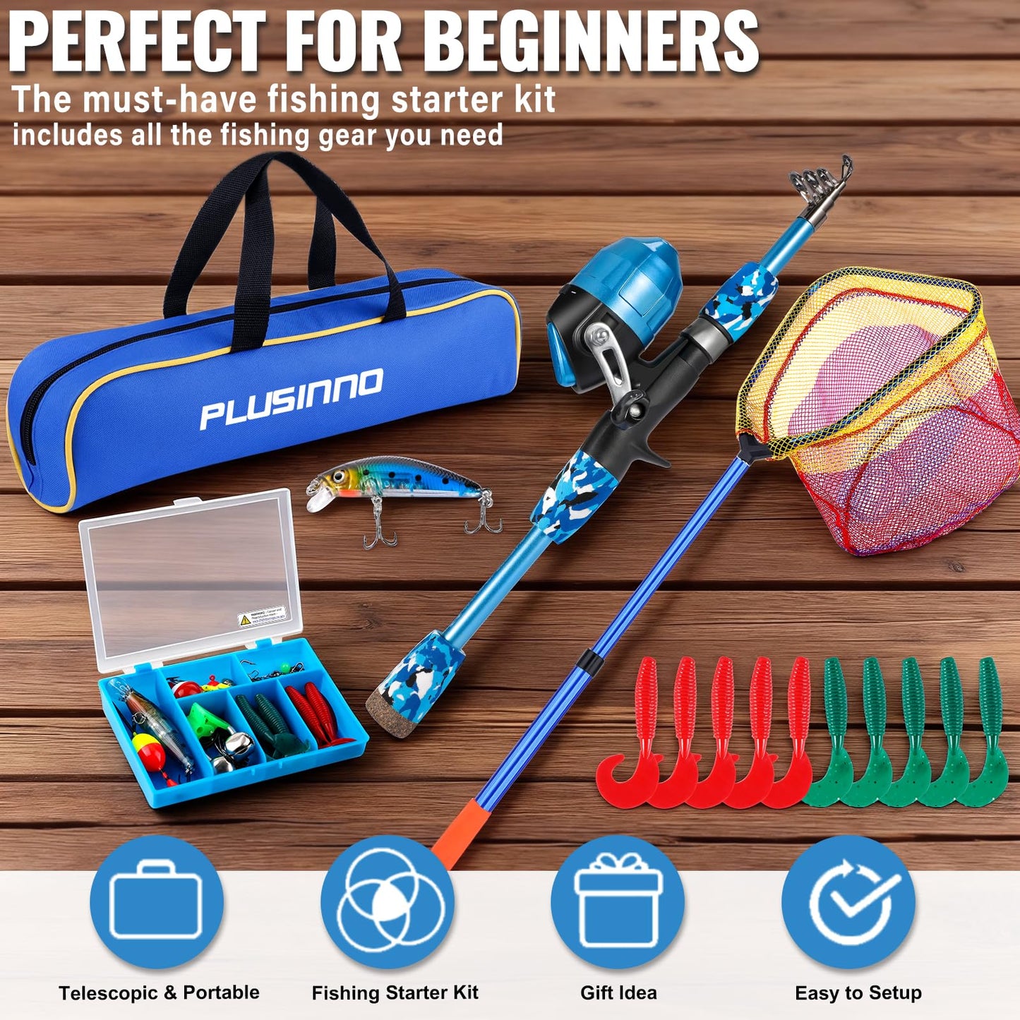 PLUSINNO Kids Fishing Pole, Telescopic Fishing Rod and Reel Combo with Fishing Net, Tackle Box and Bag, Portable Fishing Kit Kids Fishing Gear Gifts for Youth Boys Toddler -5FT/1.5M