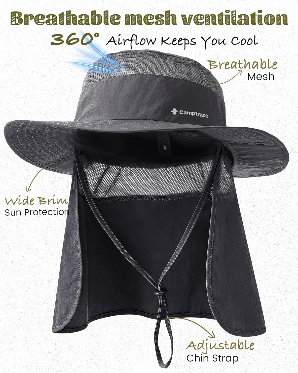 Camptrace UPF 80+ Sun Hat for Men & Women - Wide Brim Mesh Protection with Neck Flap | Ideal for Fishing, Hiking, Gardening