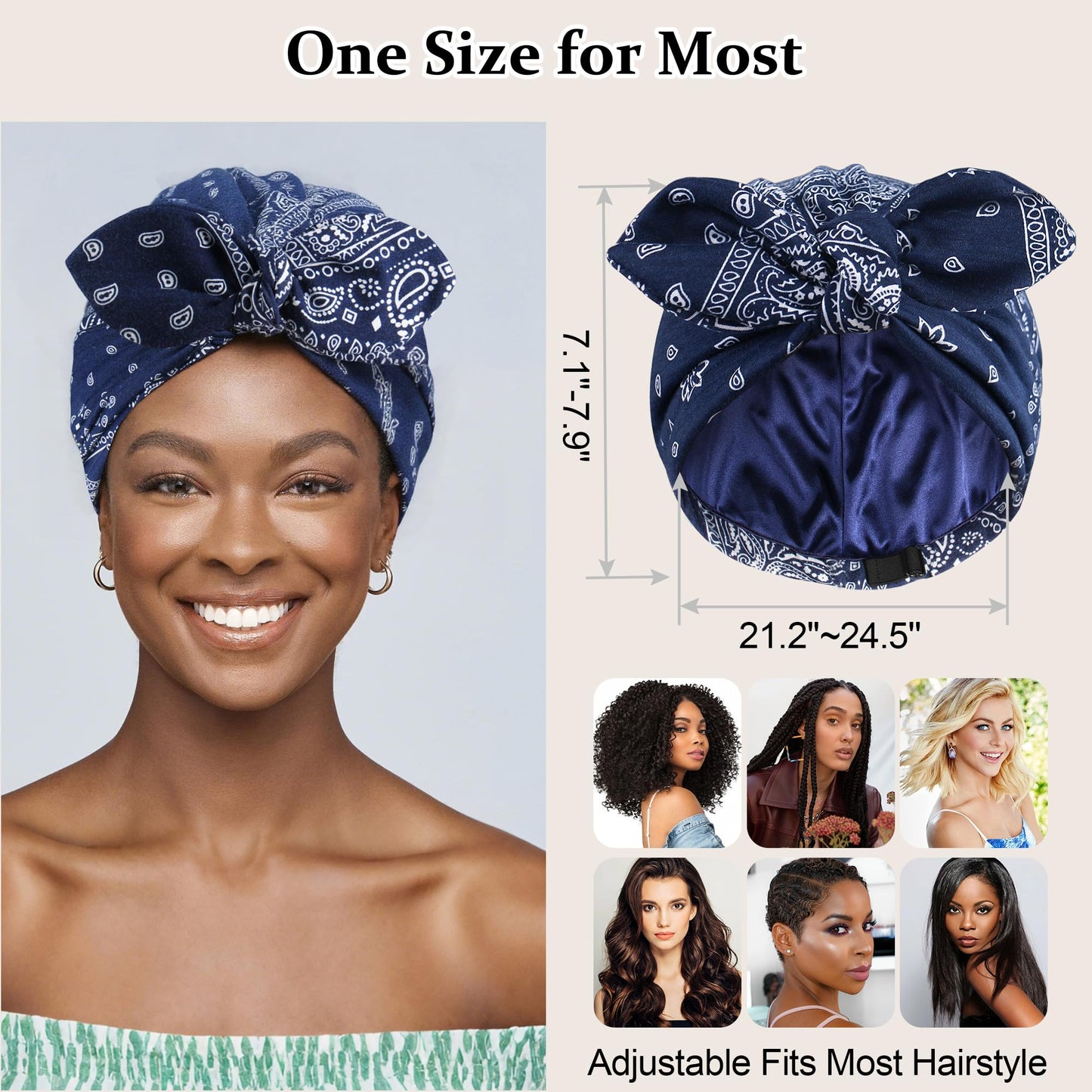 Ababalaya 2PCS Satin Lined Beanies for Women Chemo Headwear Silky Lined Cotton Sleeping Cap (2, 2Navy Blue)