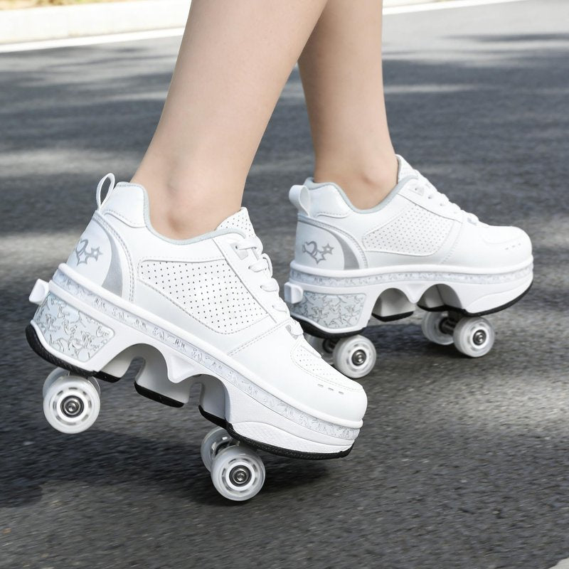 Roller Skate Shoes for Girls, Boys, 2-in-1 Skating Shoes for Man, Women, Retractable Wheels Sneakers for Kids, Deformation Sneakers Outdoor, White(2.5US)