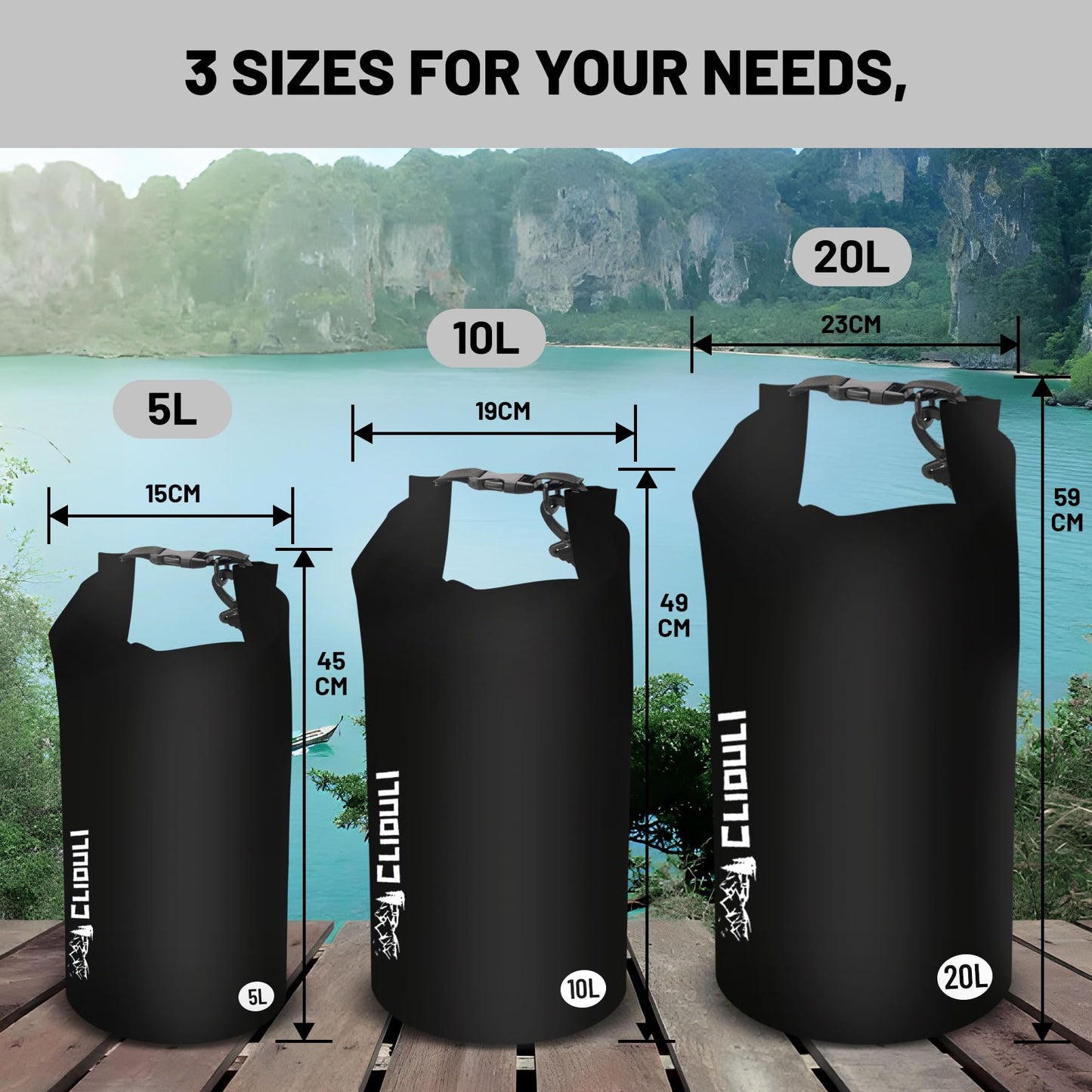 Cliduli Waterproof Dry Bag,Roll Top Black Small Waterproof Backpack 2L/5L/10L/20L/30L/40L Floating Lightweight Bags for Kayaking, Boating, Fishing, Swimming Camping with Waterproof Phone Case