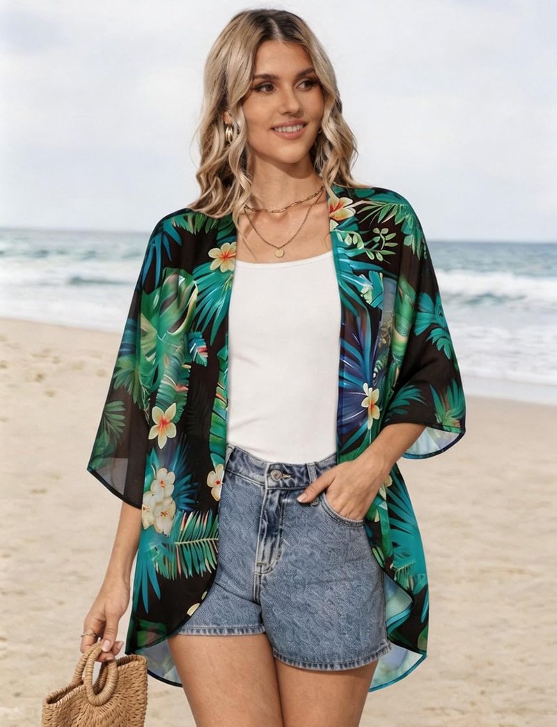 Floral Print Puff Sleeve Kimono Cardigan - Casual Loose Blouse Top for Women | 2026 Design