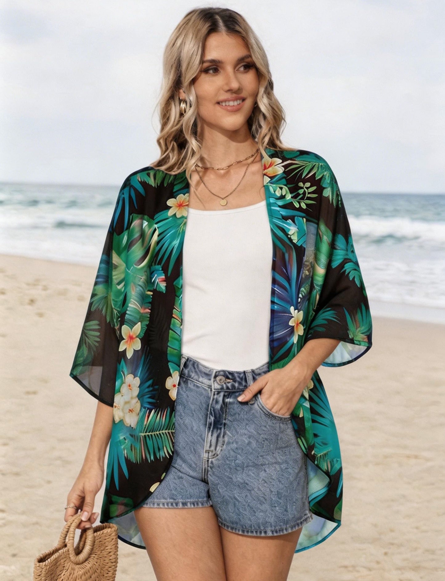 Summer Kimono Cardigan for Women Sheer Light Tops Casual Open Front Swimwear Shirts Beach Cover ups (Blackgreen,5XL)