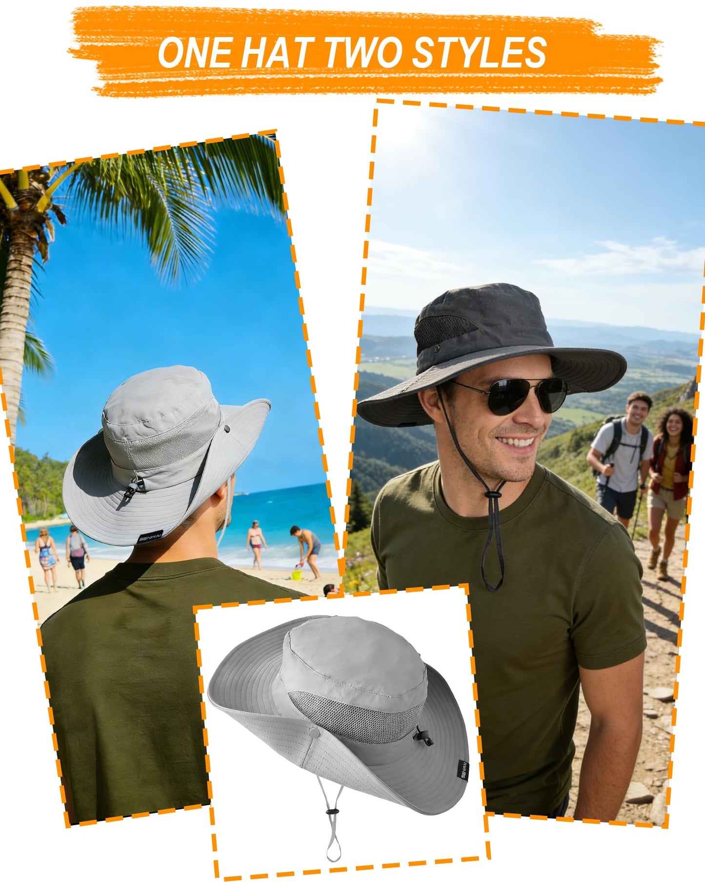 SENWAI Unisex UPF50+ Sun Hat with Ponytail Hole, UV Protection Wide Brim Bucket Hat for Men Women Beach Hiking Fishing, Light Gray