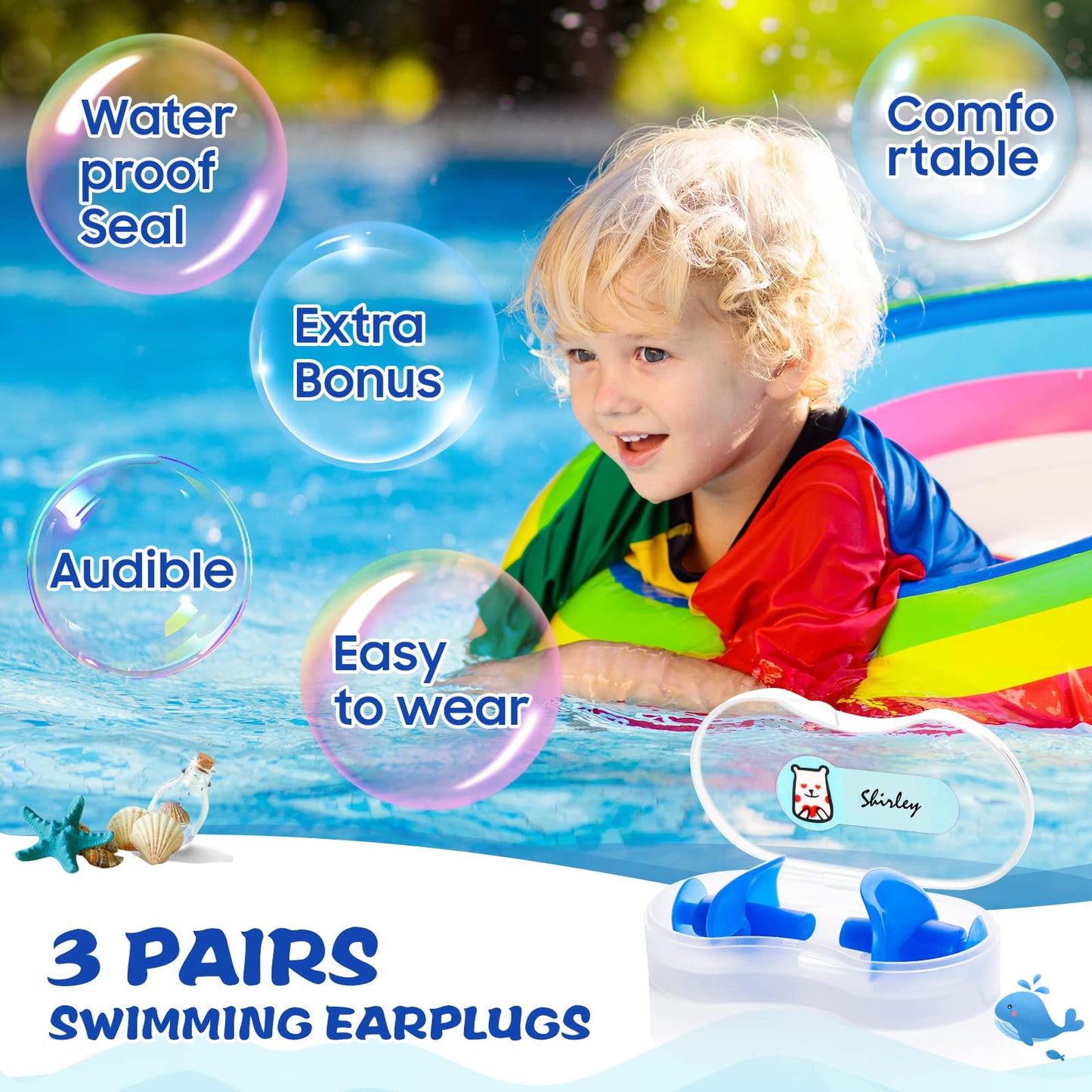 Hearprotek Swimming Ear Plugs, 3 Pairs Soft Waterproof Reusable Ear Plugs for Swimming Showering Bathing and Other Water Sports Suitable for 6+ Kids(Blue/Orange/Purple)