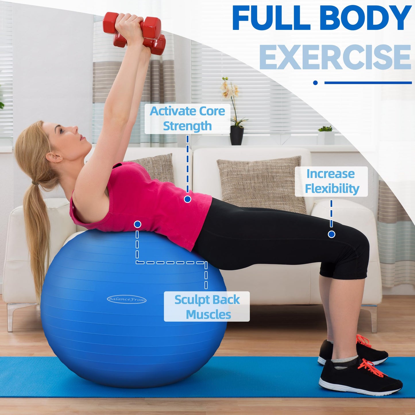 Fitvids Anti-Burst Slip Resistant Exercise Ball - 34-inch Blue – 2 – 31-34in (78-85cm), XXL – Blue