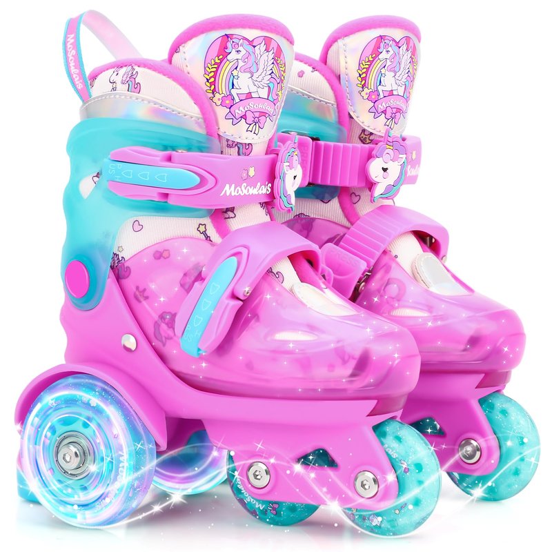 MoSoulais Unicorn Kids Roller Skates Adjustable Girls Roller Skate with Light Up Wheels Toddler Roller Skates Birthday Girly Gift for Youth Children Beginner Ages 5 6 7 8 - Pink S(10.5C-13C)