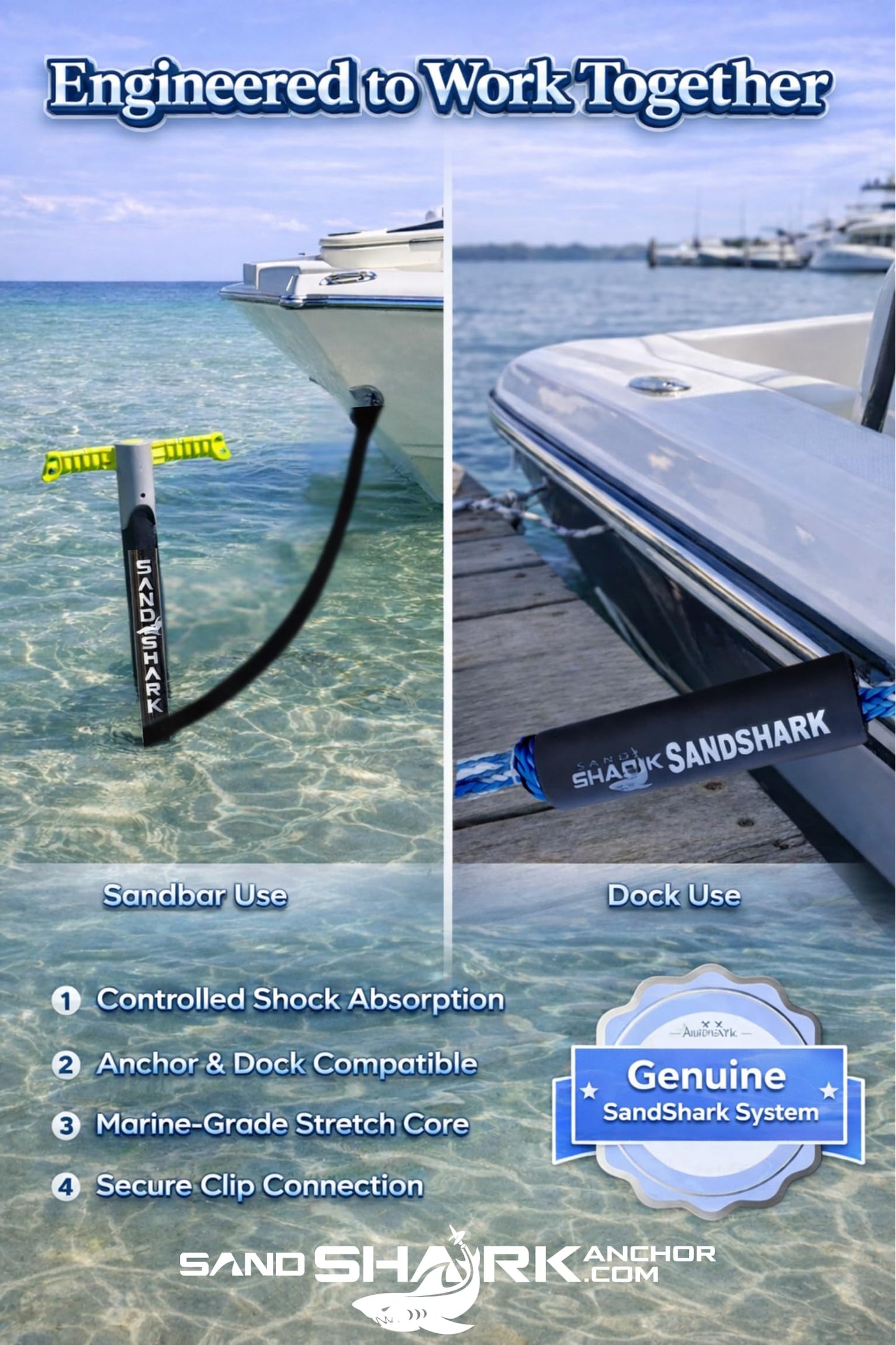 SandShark Premium Anchor Bungee Dock Line. Boat Accessories Anchor Line Absorbs Shock to Anchors and Docks w/Stainless Steel Clip - Black - 7-14ft