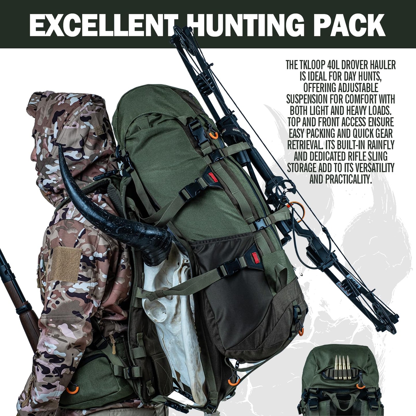 TKLoop Hunting Pack for Men – Expandable Frame Backpack 40L, Water Resistant, with Meat Hauler, Rifle Holder & Shotgun Rest