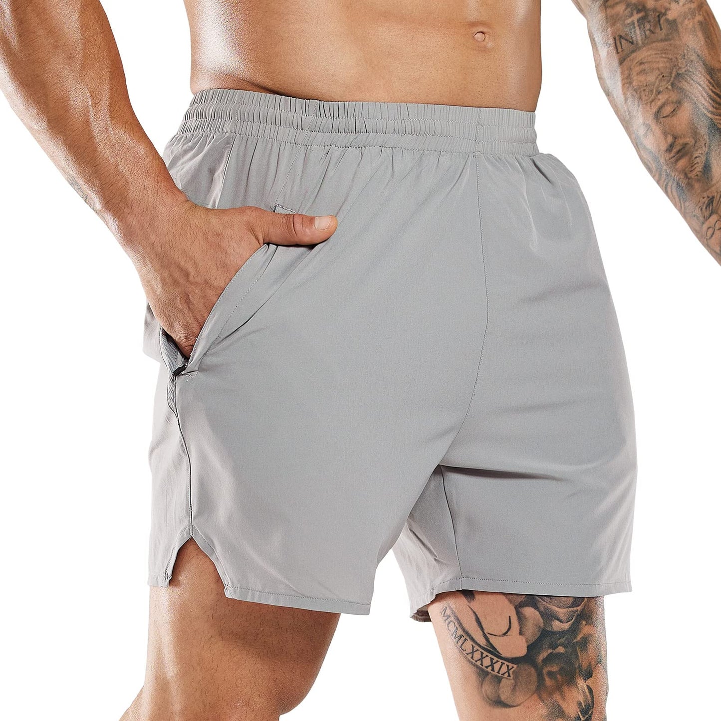 MIER Men's Active Running Shots 5 Inch Exercise and Fitness Training Shorts with Zipper Pockets, Light Grey, S