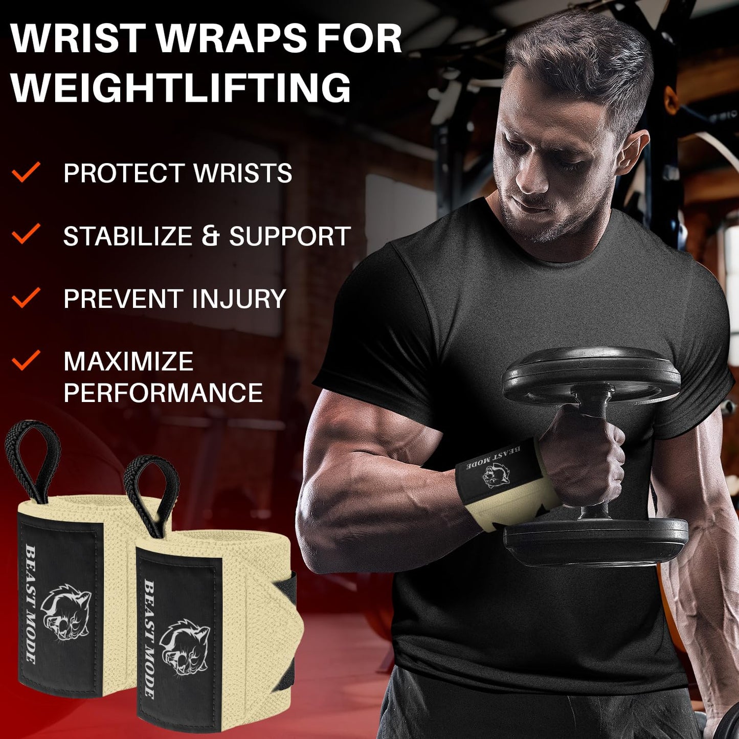 TECEUM Weightlifting Wrist Wraps with Thumb Loop – Beige – Arms on Fire – 18 inch – Heavy-Duty Workout Wrist Support & Protection – Ideal for Powerlifting, Strength Training, Bodybuilding