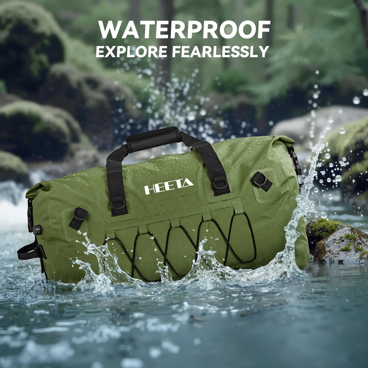 HEETA Waterproof Duffel Bag Motorcycle Dry Bag Backpack, Extra Large Rolltop Travel Duffle Bags with Straps & Handles for Kayaking Rafting Boating Canoeing Camping Gym Beach (Green, 60L)