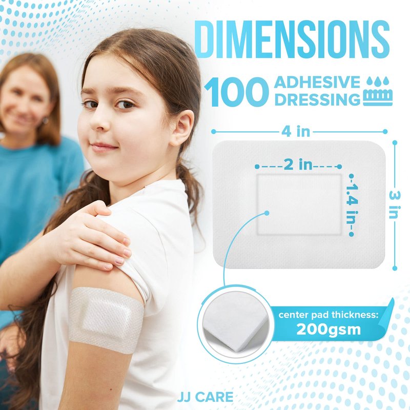 JJ CARE Adhesive Island Dressing [Pack of 100], 3x4 Sterile Bordered Gauze, Breathable Island Wound Dressing, Individually Wrapped Adhesive Gauze Bandages with Non-Stick Central Pad