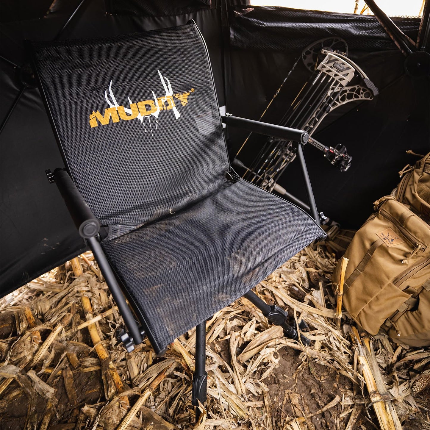Muddy Swivel Ground Seat with Adjustable Legs - Durable Foldable Portable Hunting Outdoor 360 Degree Flex-Tek Seat with Integrated Armrests & Removable Carry Strap, 300 Lbs. Maximum Capacity