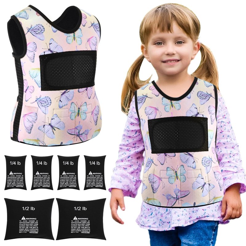 Janmercy Weighted Vest for Kids Ages 4 to 7 and Ages 8+ Boy Girl Adjustable Breathable Compression Vest for Processing Issue(Butterfly,Small,Pink)