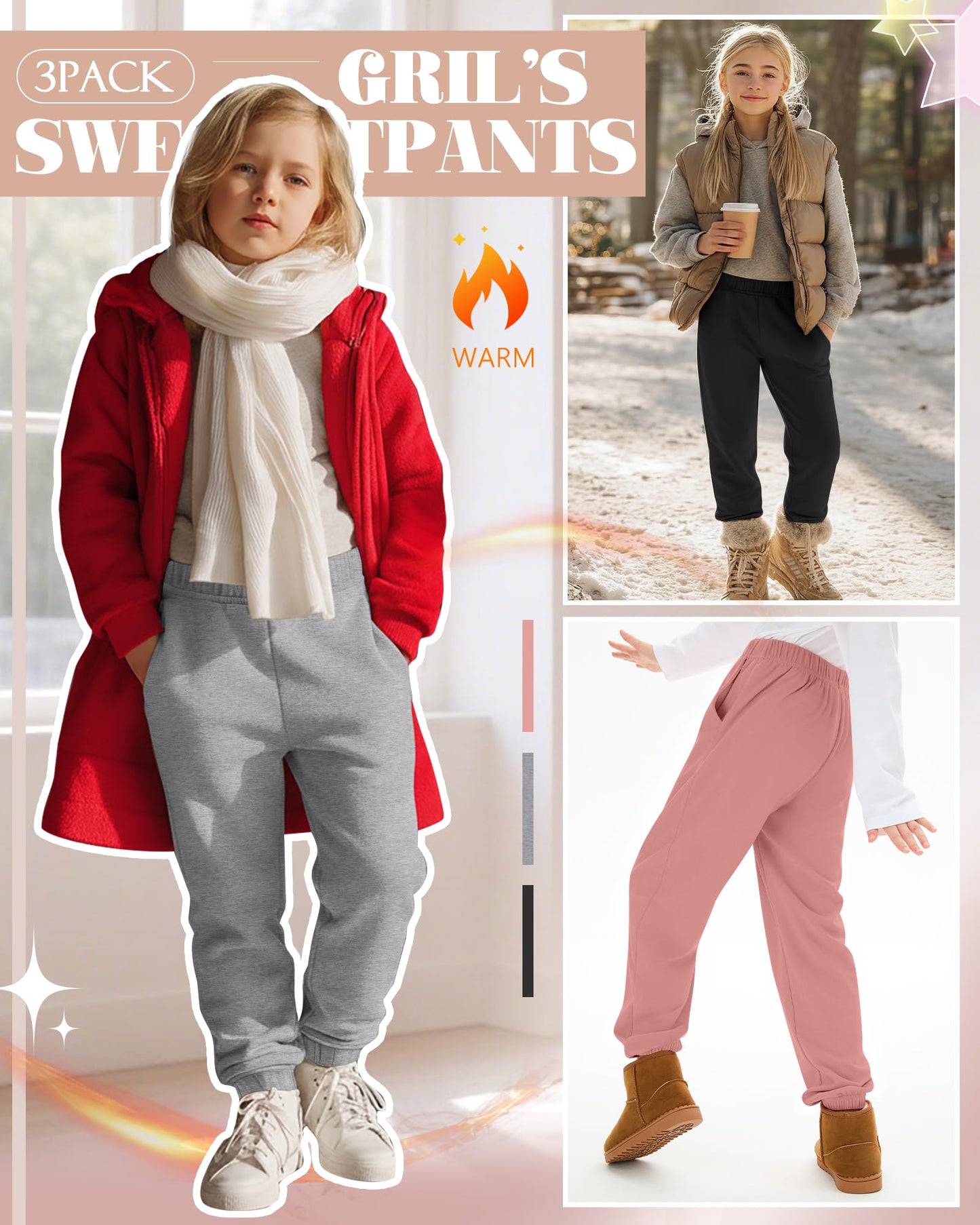 LessonZoo 3 Pack Girls Fleece Joggers Sweatpants, 5-16 Years Thermal Baggy Elastic Waist Athletic Activewear with Pockets(Coral Pink, Light Gray, Black,Large)