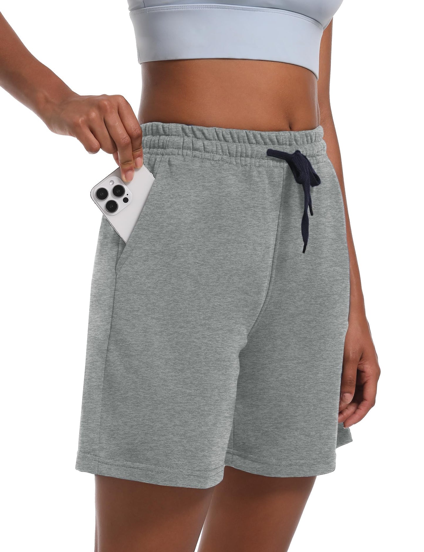 Dalavch 4 Pack Women's Summer Sweat Shorts Cotton Comfy Drawstring Shorts for Casual Lounge Sport Athletic with Pockets 2 Black 1 Pitch Blue 1 Heather Grey Large