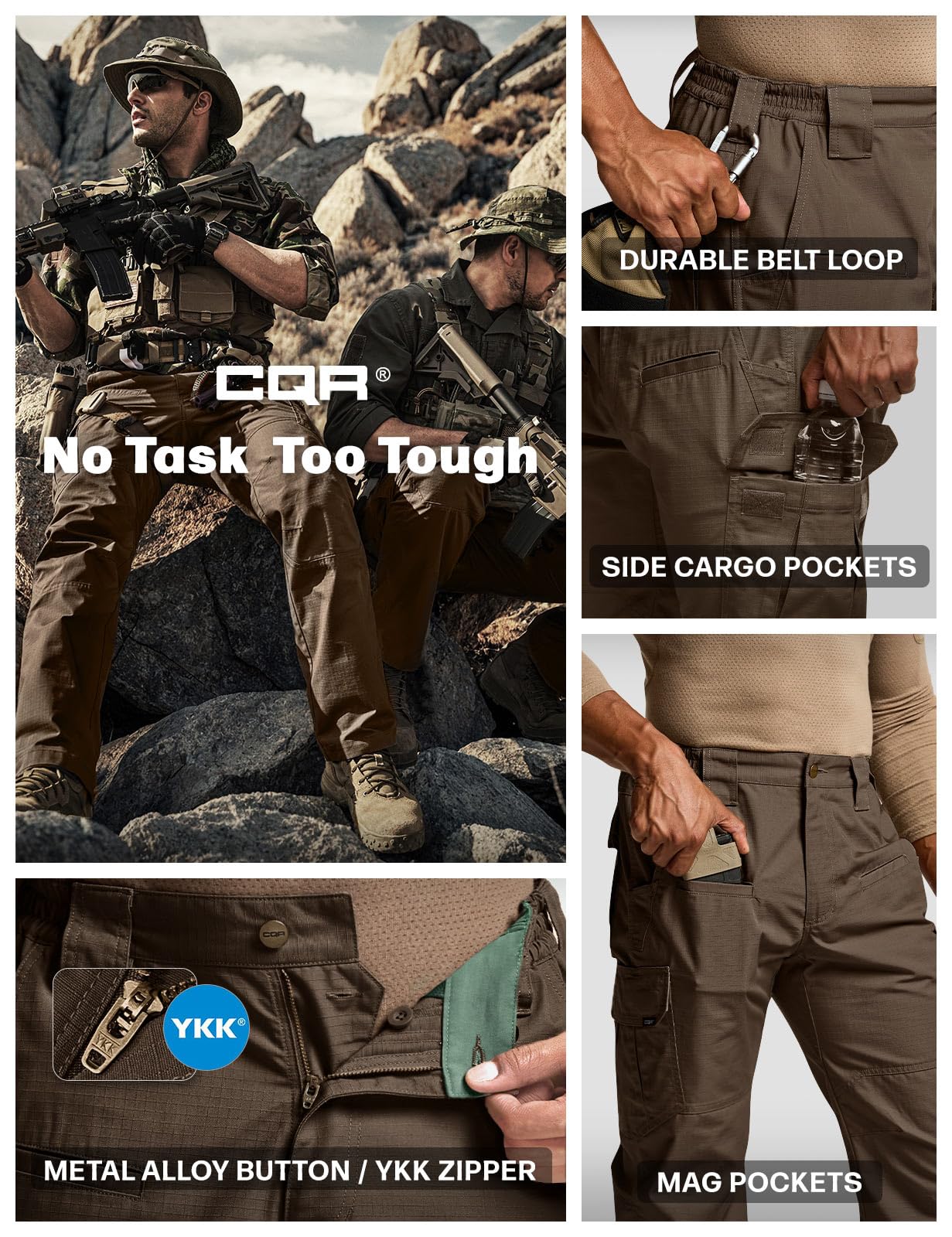 CQR Men's Tactical Pants, Water Resistant Ripstop Cargo Pants, Lightweight EDC Work Hiking Pants, Outdoor Apparel, Raider Tundra, 38W x 32L