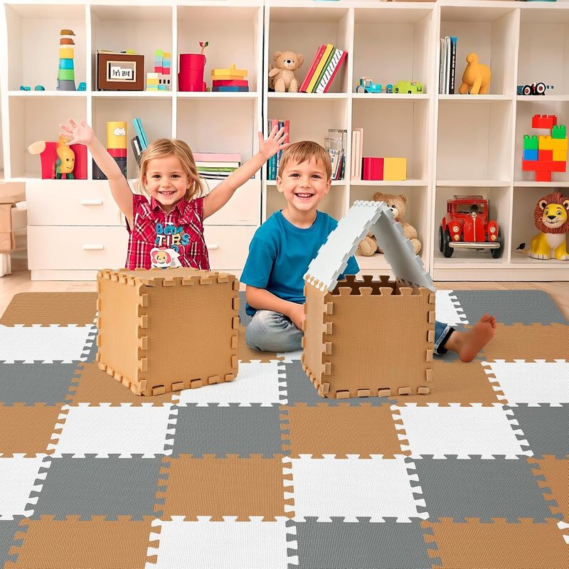 Baby Play Mat - 36Pcs Interlocking Foam Floor Tiles for Kids | Soft Crawling Rug for Playroom (Brown-Gray-White) 11.8x11.8x0.6 In