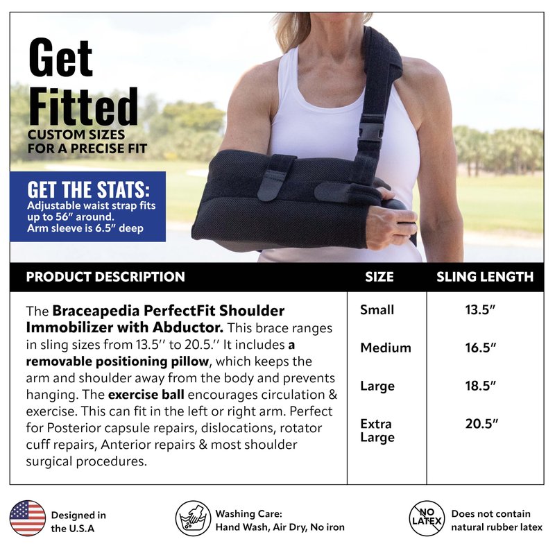 Braceapedia PerfectFit Arm Abduction Shoulder Sling - Arm Sling Shoulder Immobilizer with 15 Degree Pillow & Exercise Ball - Support for Rotator Cuff Injury & Surgery - Black, Large