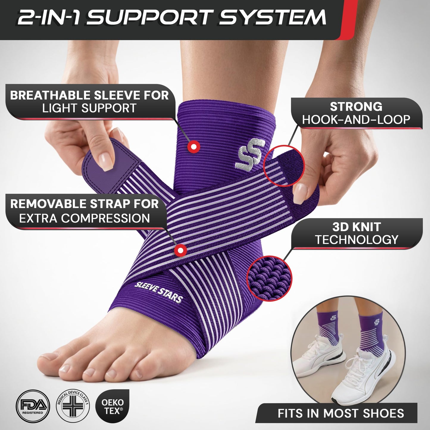 Sleeve Stars Ankle Brace for Women & Men, Ankle Wrap for Sprained Ankle, Compression Sleeve for Plantar Fasciitis Relief, Easy Customizable Support: w/Removable Strap (Single/S:9"-10"/Dark Purple)