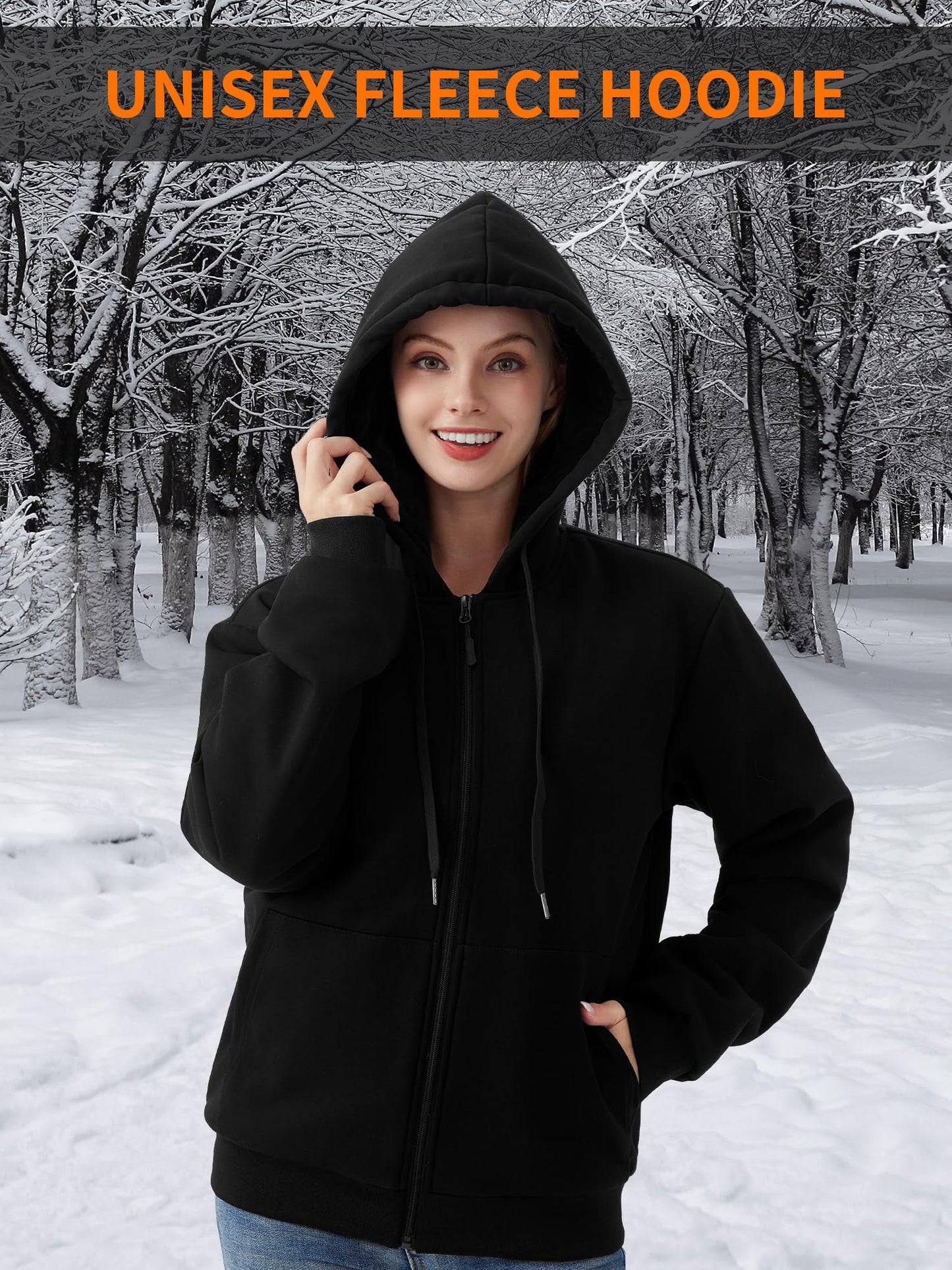 FrostVoyage Heated Hoodie with 18400mah Battery Pack, 9 Heating Zones, Dual Control, Full-Zip Heated Sweatshirt Hoodie for Men Women Black
