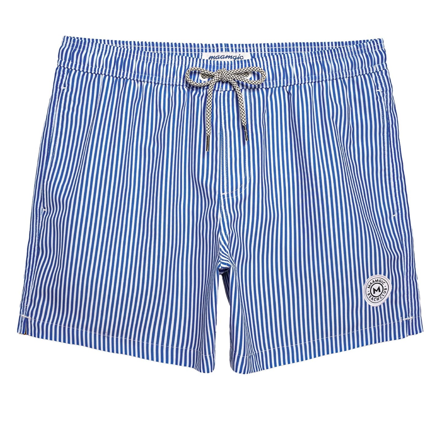maamgic Mens Swim Trunks 5 Inch with Mesh Lining, Quick Dry Mens Bathing Suit, Swim Shorts for Swimming and Beach, Large Blue Stripe