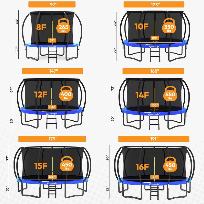 Outdoor Trampoline with Enclosure - 8FT to 16FT Sizes | Non-Slip Ladder & Anti-Rust Frame, ASTM Approved for Kids & Adults