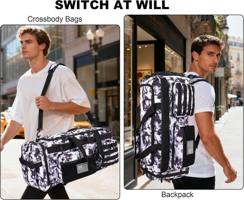 Tactical Duffle Bag for Men - 50L 3-in-1 Gym Backpack with Shoe Compartment & Laptop Sleeve | Black & White
