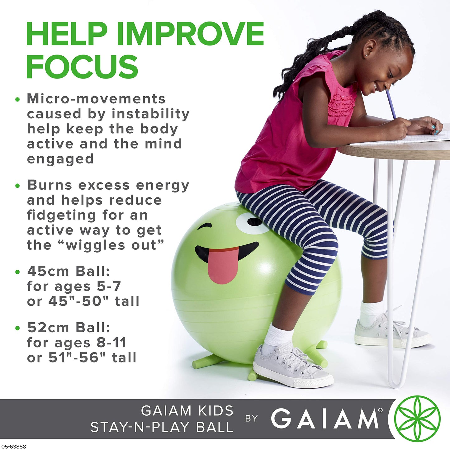 Gaiam Kids Stay-N-Play Children's Balance Ball - Flexible School Chair Active Classroom Desk Alternative Seating | Built-In Stay-Put Soft Stability Legs, Includes Air Pump, 45cm, Blue