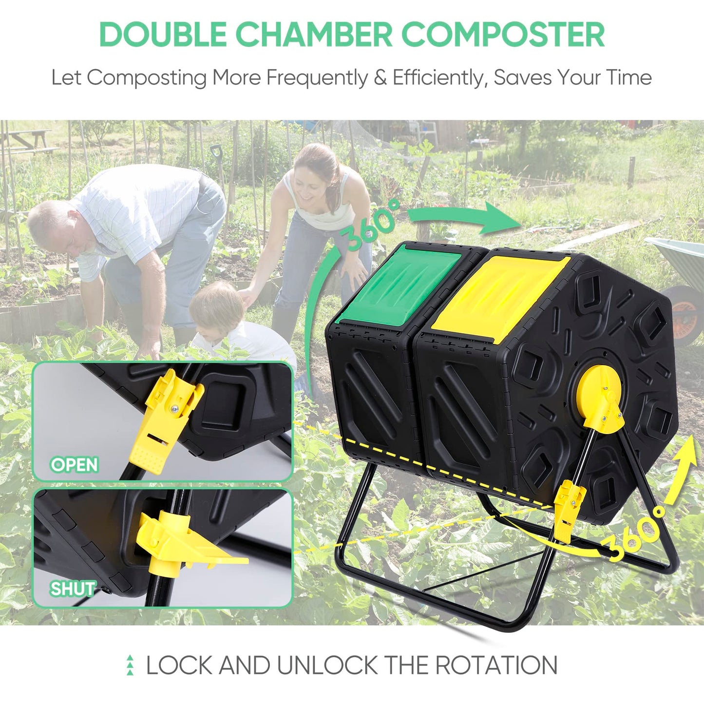 HomGarden Large Dual Chamber Compost Tumbler Heavy-Duty Outdoor Bin Composter with 2 Sliding Doors Easy-Turn, All-Season 37 Gallon High Volume Composter Black