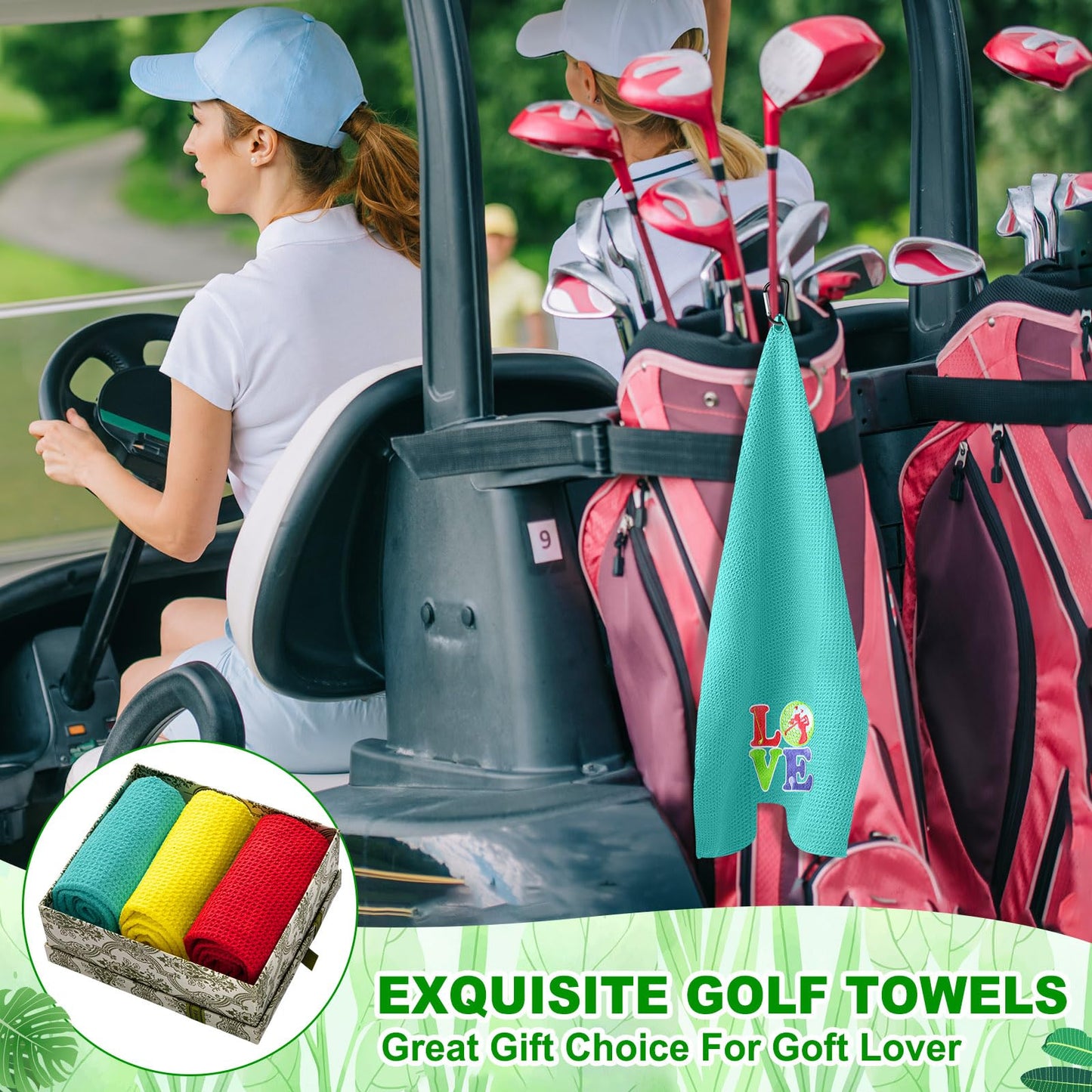 Fanfanwin 9 Pcs Golf Towel Bulk 24 x 16 Inches Microfiber Waffle Towel with Clip Tri Fold Portable Rag Accessories for Golf Bag Mini Tournament Club Yoga Fitness Remove Sand Mud Dirt Sweat(Classic)