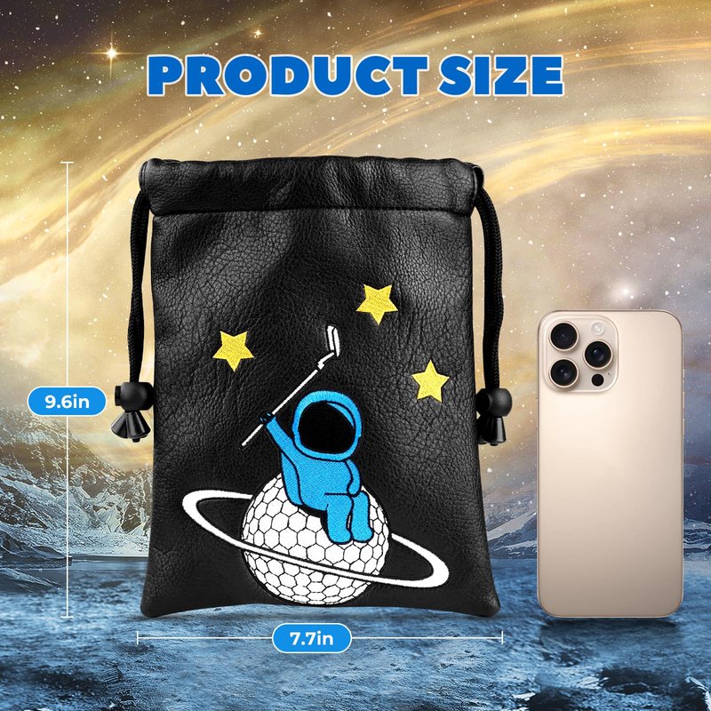 Astronaut Golf Valuables Pouch Bag, Drawstrings Golf Ball Tee Bag, Golf Pouch for Valuables and Accessories, Black/Blue/White