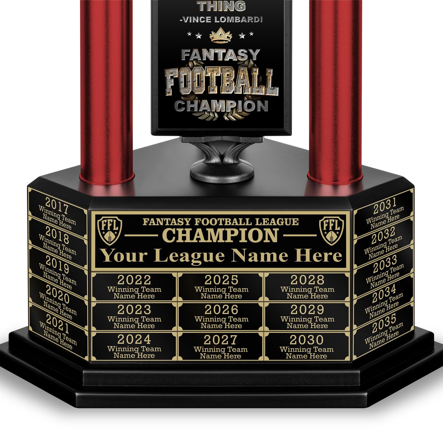 TrophySmack Perpetual Fantasy Football Trophy - Customizable Championship Trophy Award Winner | Free Engraving up to 19 Years Past Winners, 56 Inch Tall (Red Gold)